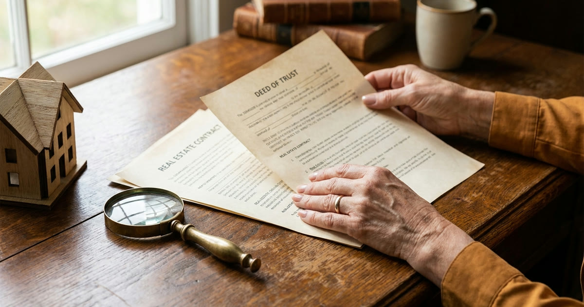Manos revisando con lupa la escritura y el contrato de una propiedad