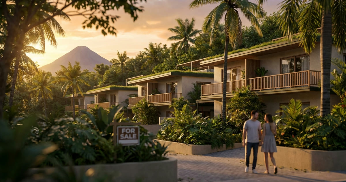 Nuevo desarrollo residencial moderno en El Salvador con vegetación y volcán al fondo